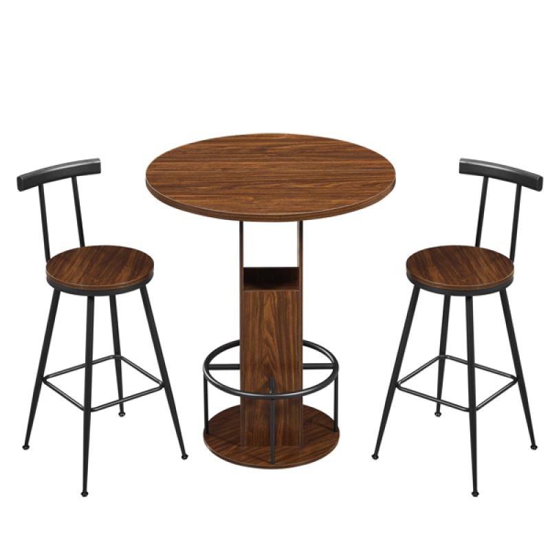 3-Piece Bar Table And Stool Set 31.5-inch Round Bar Table With Two Stools Compact Wooden Dining Bar With Metal Ring Footrest Ideal For Restaurant (Option: defaulttitle)