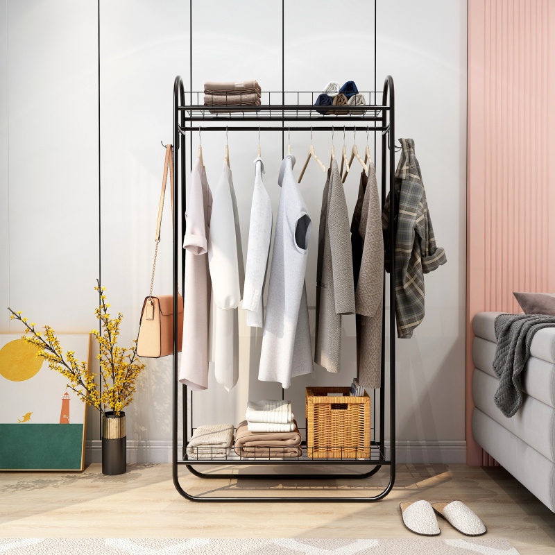 Garment Rack Freestanding Heavy Duty Clothing Rack, Metal Rolling Clothes Rack with Double Shelves, Portable Wardrobe Rack for Hanging Clothes (Option: Black)