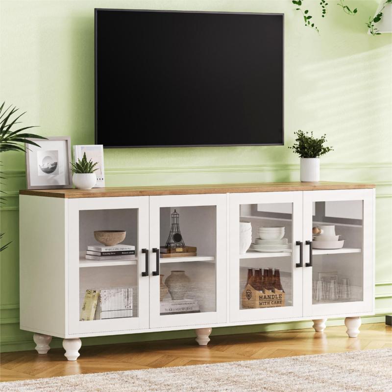 ON-TREND Farmhouse TV Stand With Tempered Glass Doors For TVs Up To 70, Versatile Sideboard With Adjustable Shelves, Elegant Buffet Cabinet With (Option: White Natural)