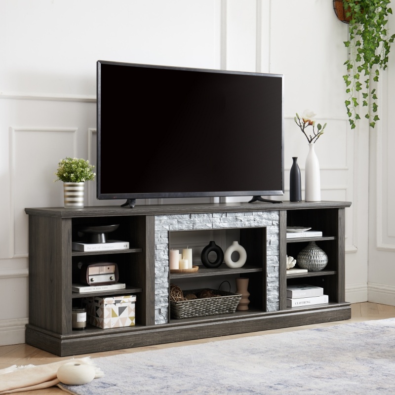 Large TV Stand TV Desk Storage Rack With Faux Stacked Stone Surround,Media Console Table With Large Storage Cabinet,Modern TV Media Entertaionmen (Option: Grey)