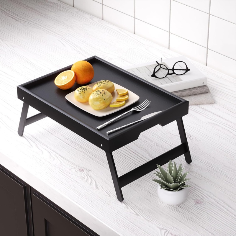 Fibogollo 2 Pack Bamboo Bed Tray Table With Folding Legs,Breakfast Trays,Serving Tray For Food And Snack,Laptop Trays For Working Natural (Option: Black)