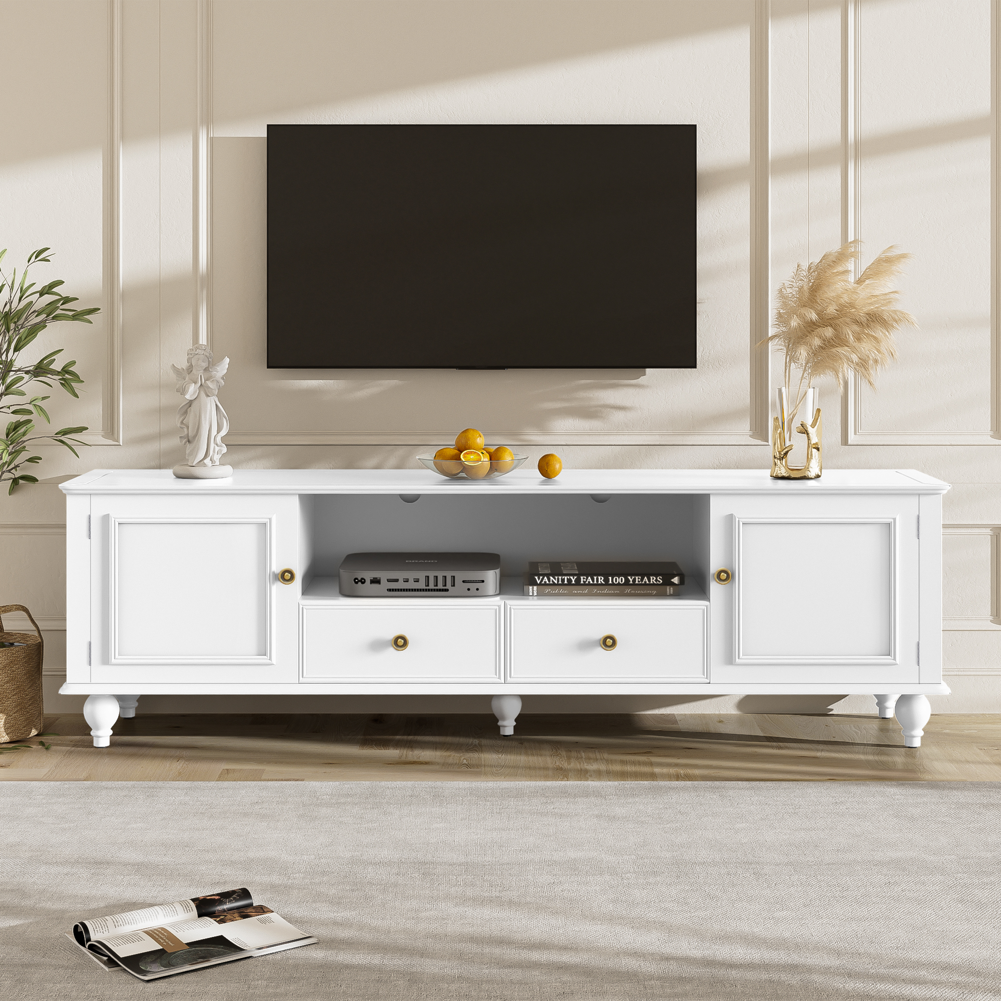 VIBE HAUS 70.9 Modern TV Stand For TVs Up To 80 Inches, Entertainment Center With Open Compartment, TV Storage Cabinet With 2 Drawers, 2 Cabinets (Option: White)