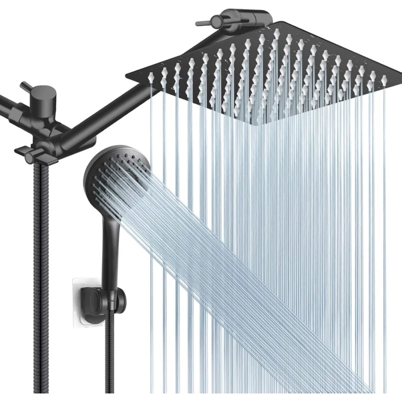 Shower Head Combo, 8 Inch High Pressure Rain With 11 Inch Adjustable Extension Arm And 5 Settings Handheld, Powerful Spray Against Low Water Pres (Option: 8ShowerheadSetMatteBlack)