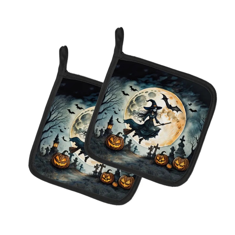Flying Witch Spooky Halloween Pair of Pot Holders Kitchen Heat Resistant Pot Holders Sets Oven Hot Pads for Cooking Baking BBQ, 7 1/2 x 7 1/2 (Option: Default)