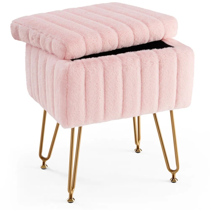 Vanity Stool Chair with Storage, Ottoman Faux Fur Soft Padded Makeup Footstools Seat with 4 Metal Legs Anti-Slip Adjustable Feet Modern (Option: pink)