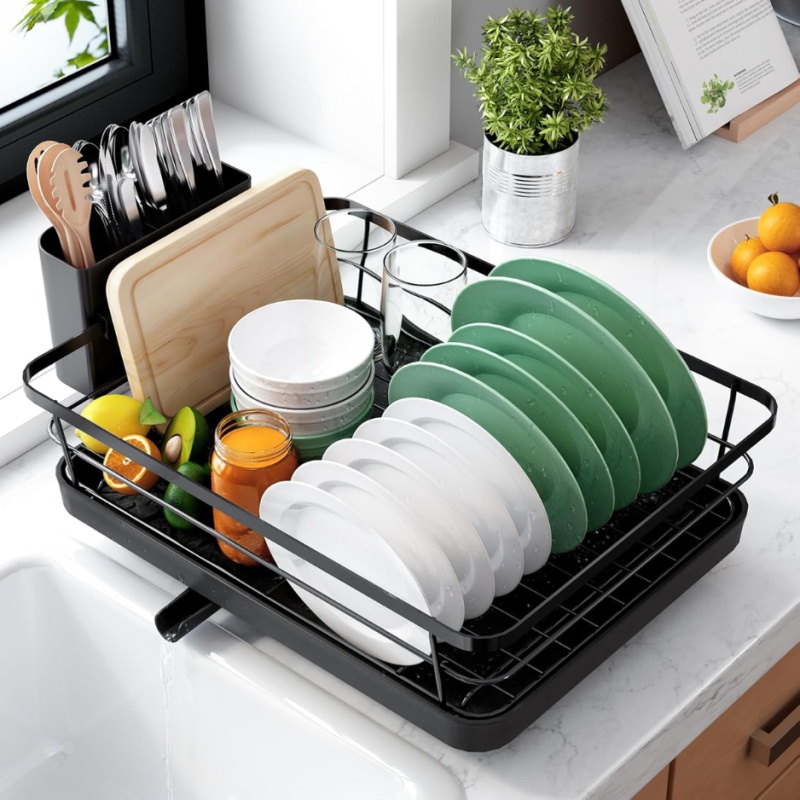 Dish Drying Rack For Kitchen Counter, 12W X 15.5L, Black Stainless Steel Sink Organization, Cutlery Holder, Home (Option: Black)