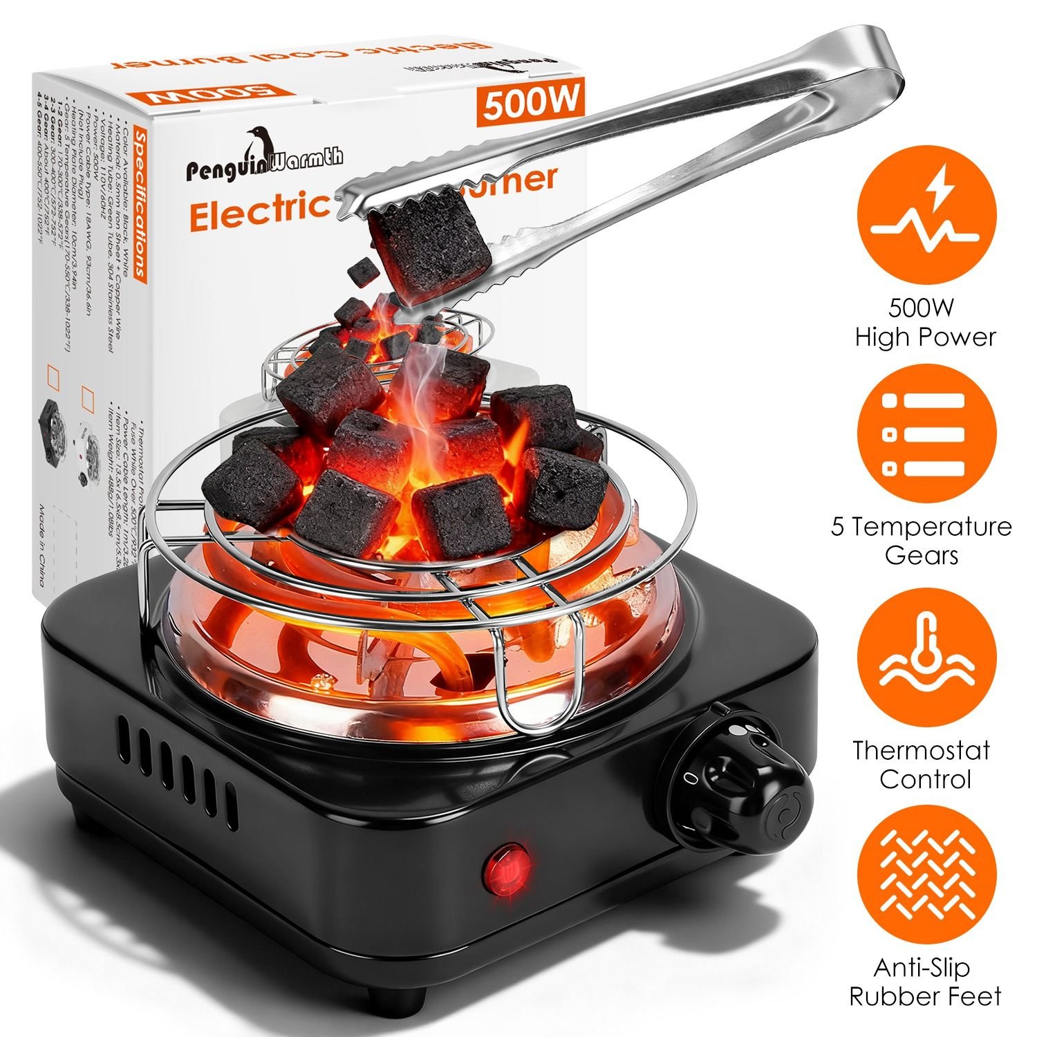 Electric Charcoal Burner 500W Hookah Charcoal Burner Compact Coal Burner for Hooka Cubes Shisha with Grill and Tongs 5 Temperature Gears Thermostat Co (Color: Black)