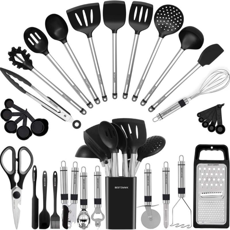 Kitchen Utensil Set Silicone Cooking Utensils 33 Kitchen Gadgets  Spoons For Nonstick Cookware Silicone And Stainless Steel Spatula Set-Best Kitc (Option: Black)