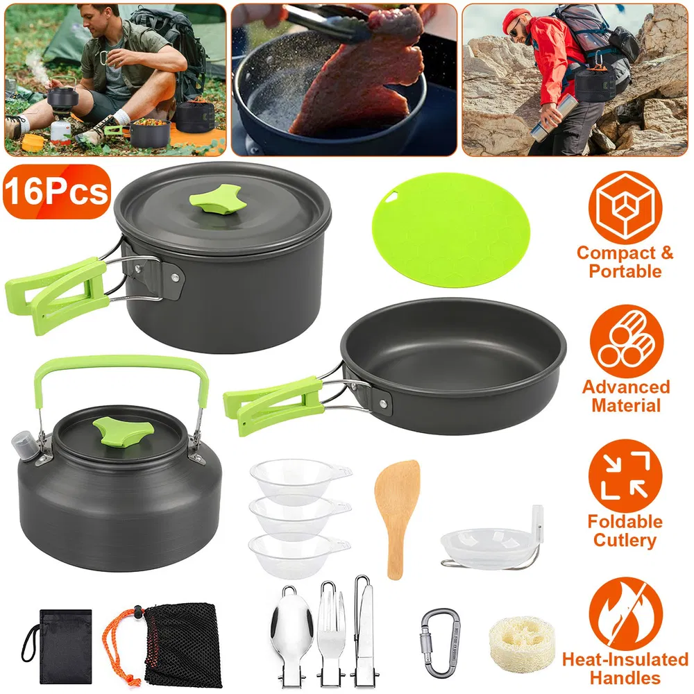 Set Of 16Pcs Camping Cooking Ware Camping Stove Cookware Kit Aluminum Kettle With Bowls Knife Fork Spoon Carabiner Spatula Cutting Board For Hiki (Option: CookwareSet)