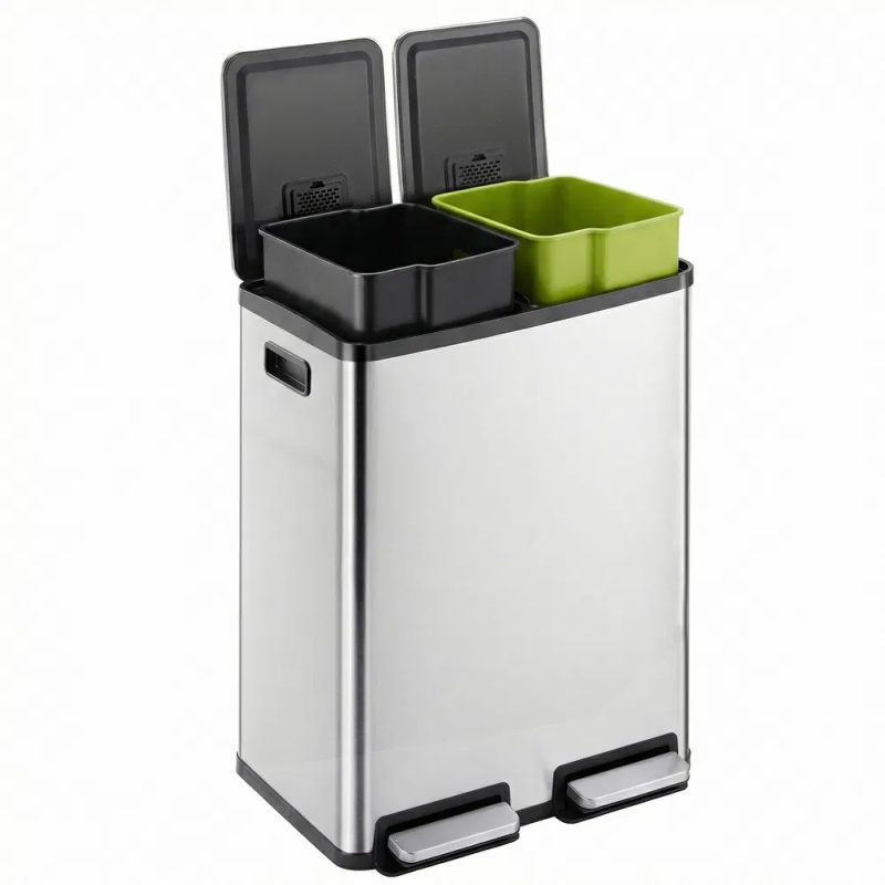 Trash Can with Lid - Large 60 Liter Stainless Steel Trash Can, Dual Compartment Plastic Inner Bucket (2 x 8 Gallon), Sealed Trash Can (Option: Silver)