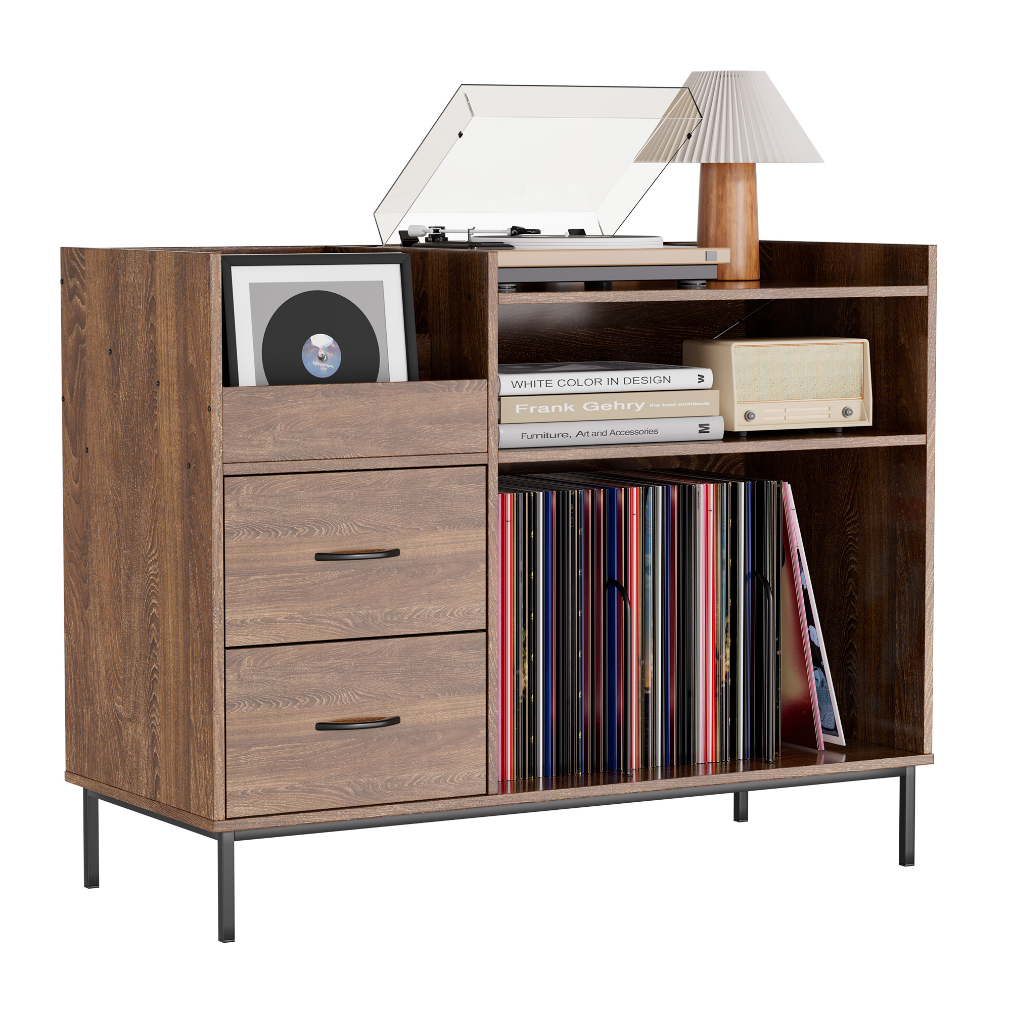 Record Player Stand With Adjustable Shelves, Holds 350 Vinyls, Media Console With Speaker Shelf & 2 Drawers, 27.6 Turntable TV Stand For Living R (Option: Brown)