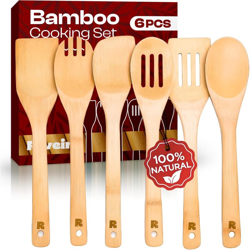 Bamboo Cooking Spoons 6-Piece Set, Wooden Kitchen Utensils With Spoons & Spatulas, Durable Cooking Tools For Home & Kitchen (Option: Bamboo Natural)