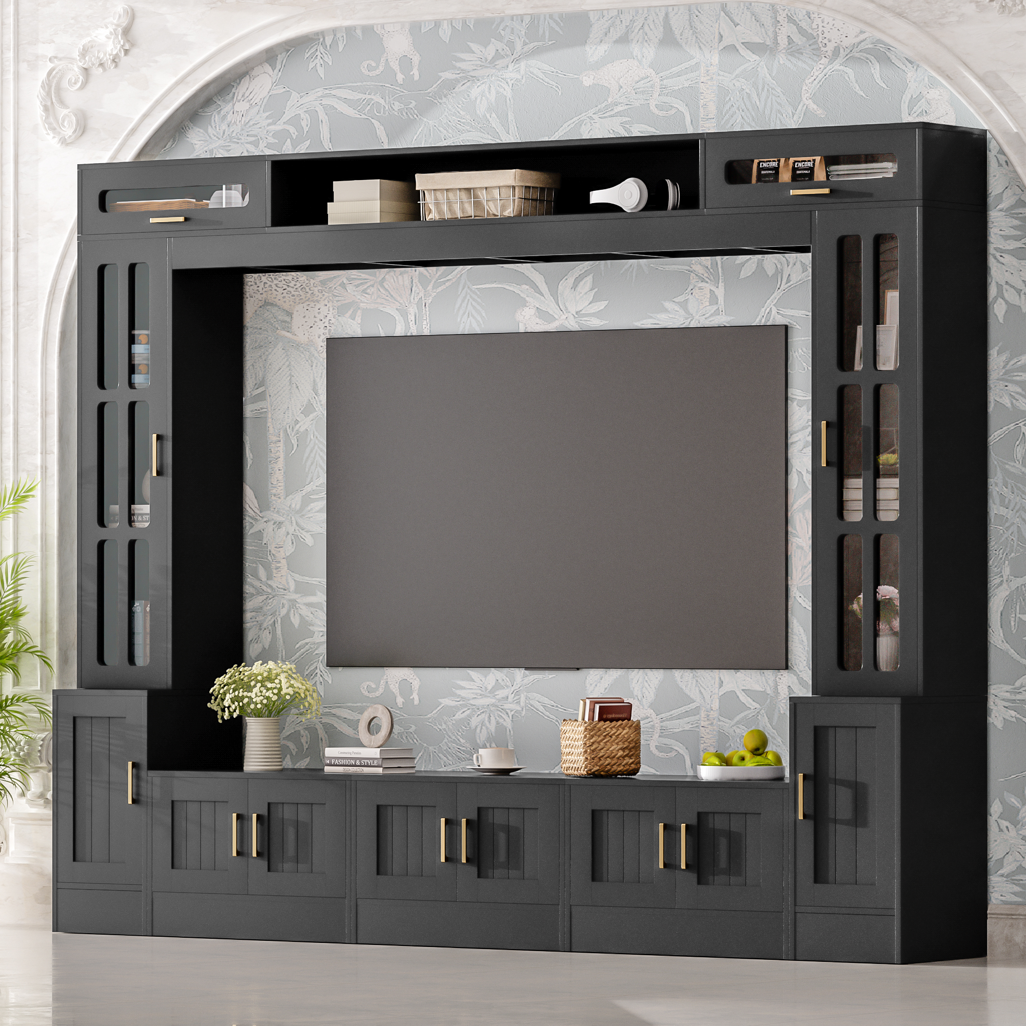VIBE HAUS 98.4 W Wall Unit Entertainment Center With Bookshelves For TVs Up To 80, Modern TV Stand Media Console With Cabinets, Tempered Glass Do (Option: Black)
