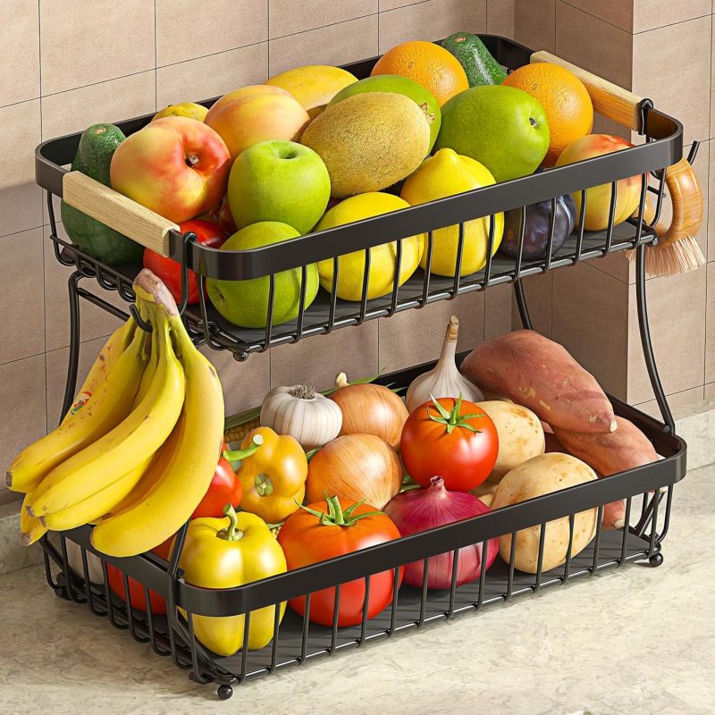 2 Tier Fruit Basket With Banana Hangers, Detachable Metal Bowl, Kitchen Countertop Storage Organizer For Fruits, Vegetables & Snacks (Option: Black)