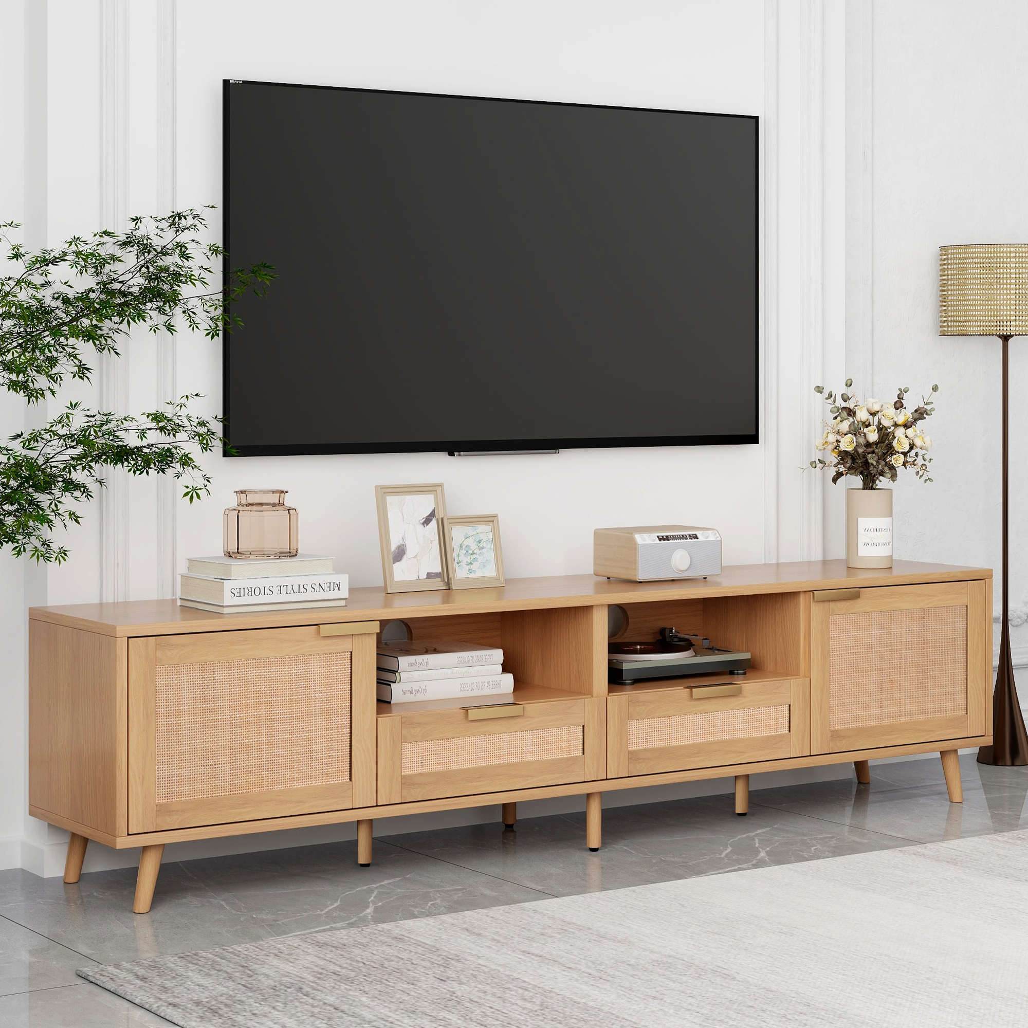 Rattan TV Stand For TVs Up To 85'', Modern Farmhouse Media Console, Entertainment Center With Solid Wood Legs, TV Cabinet For Living Room,Home Th (Option: Wood)
