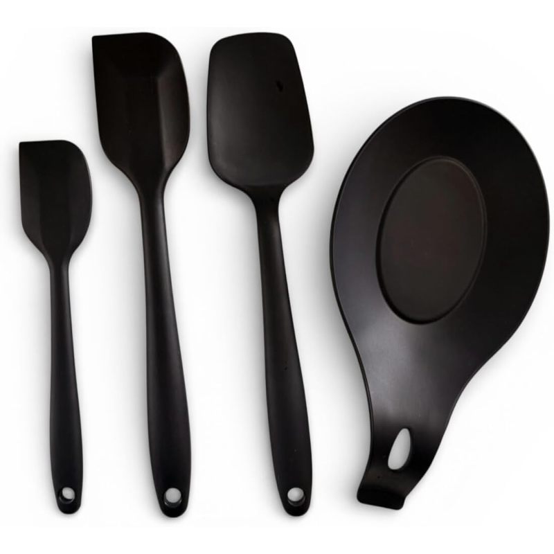 Silicone Spatula Set With Spoon Rest, 4-Piece Heat Resistant Kitchen Utensils, Reinforced Core, Non-Stick Safe, Black (Option: Black)