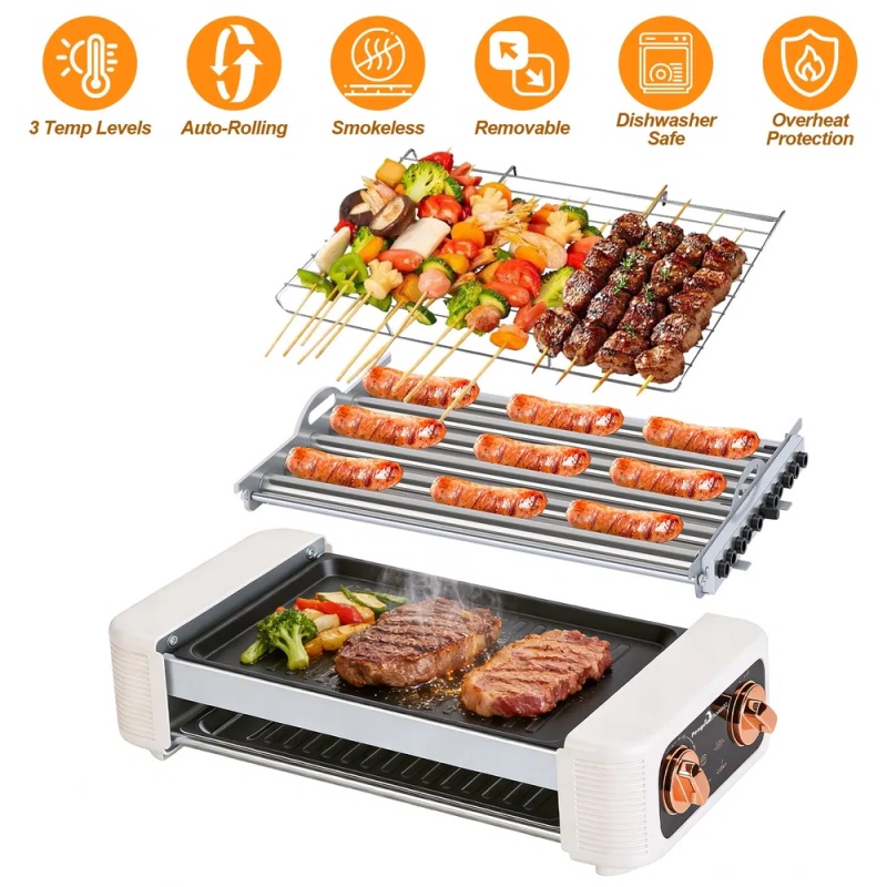 Multifunctional Electric Hot Dog Roller Machine, 3-in-1 Sausage Grill with Non-Stick Griddle, Smokeless BBQ Grill for Home, Dorm, RV, Party, Over (Option: White)