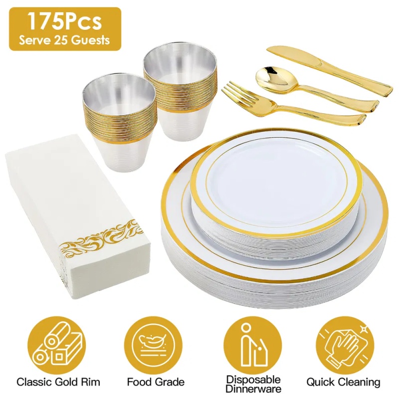 175PCS Disposable Gold Rim Dinnerware Set for 25 Guests - Premium Plastic Plates Cups Cutlery Napkins, Perfect for Wedding Birthday Halloween Chr (Option: king)