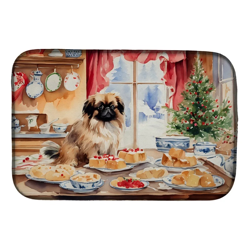 Pekingese Christmas Cookies Dish Drying Mat Absorbent Dish Drying Mat Pad for Kitchen Counter Dish Drainer Mat for Countertop, 14 x 21", Multicol (Option: Default)