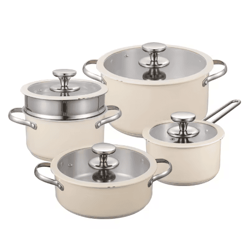 9pcs Stainless Steel Ceramic Coated Pot Set, Including 1 Milk Pot, 2 Stockpots, 1 Non-stick Pan, 4 LIDS And 1 Steamer (Color: Beige)