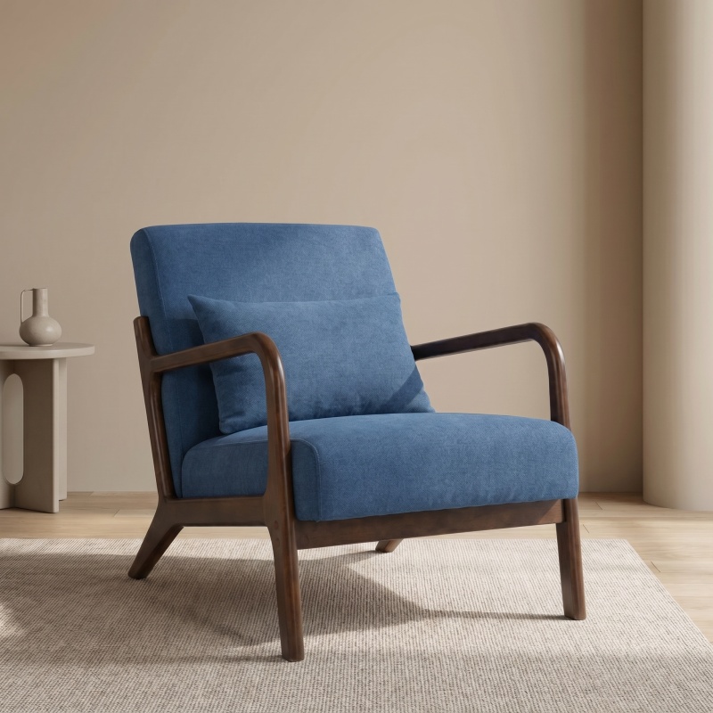 Mid Century Modern Accent Chair with Wood Frame, Upholstered Living Room Chairs with Waist Cushion, Reading Armchair for Bedroom Sunroom (Option: blue)