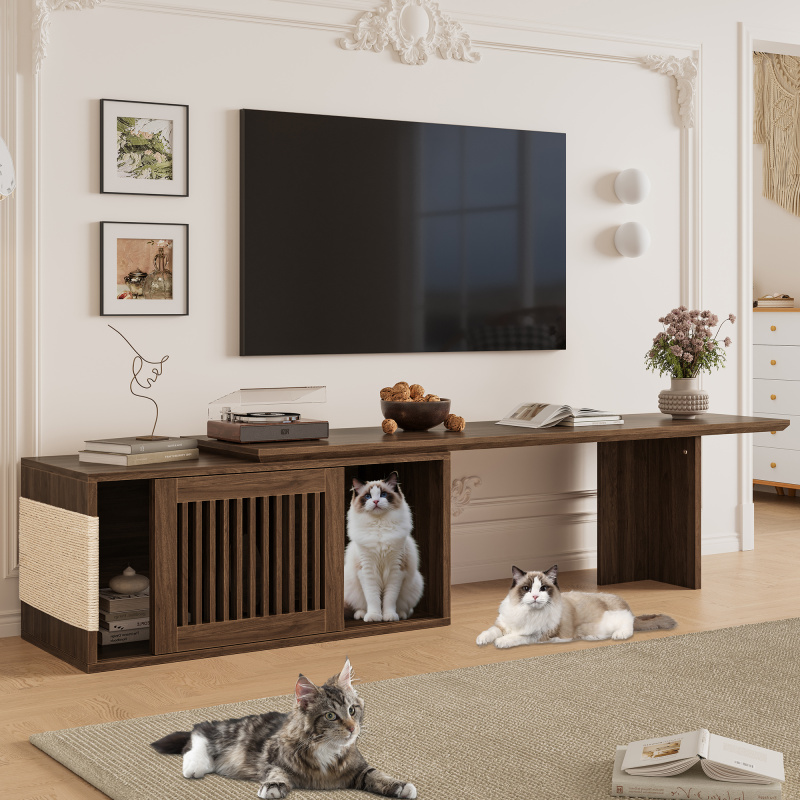 Mid-Century Modern 2 In 1 Cat Furniture 78 Extendable Walnut TV Stand Up ,  Entertainment Center Litter Box Enclosure With Cat Scratcher (Option: Walnut)