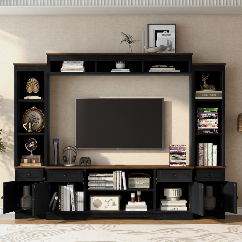 U-Can 98.8 W Wall Unit Entertainment Center With Bookshelves For TVs Up To 80, Modern TV Stand Media Console With Cabinets And Adjustable Shelves (Option: Black Brown)