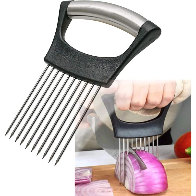 Stainless Steel Onion Holder For Slicing, Onion Slicer Guide, Kitchen Cutting Tool For Safe, Easy & Even Vegetable Slicing (Option: Black)