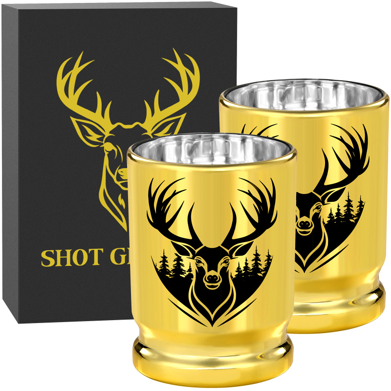2pcs  50 Caliber Deer Head Golden Plastic Wine Glasses With Gift Box - Leak Proof, Reusable - Stylish Animal Print Design, Suitable For Whiskey, (Option: Golden XJB030602)